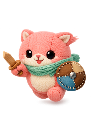 The same plush cat knight, now seated atop a golden coin pickup, waving one paw cheerfully