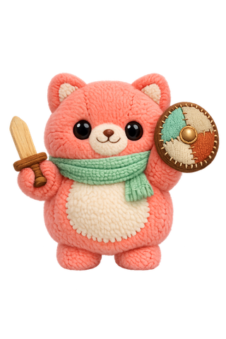 A plush coral cat knight character holding a tiny wooden sword and a patchwork shield, greeting visitors